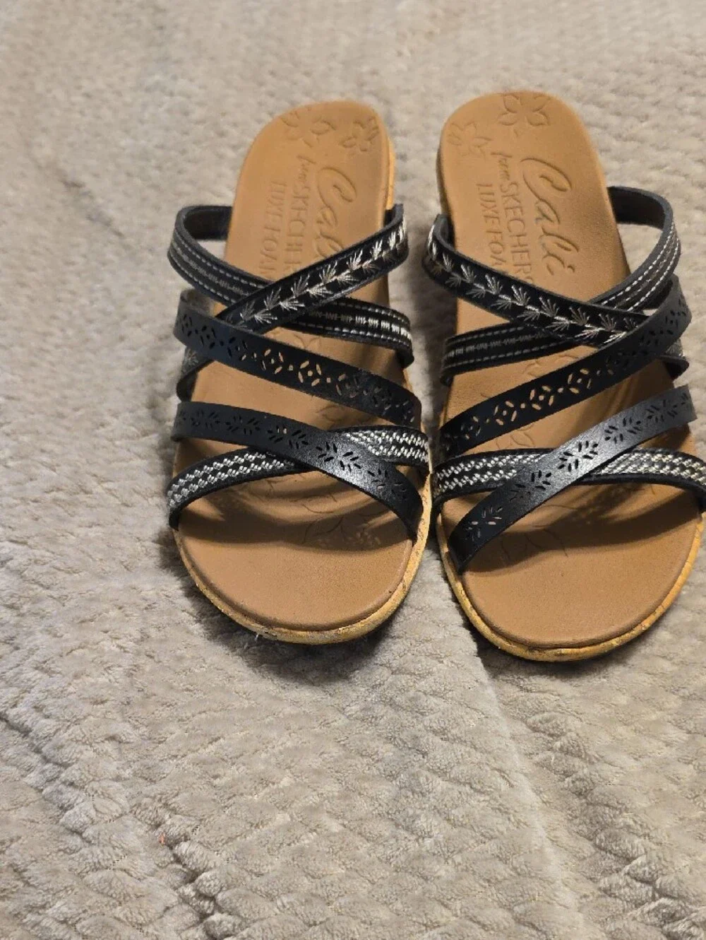 Skechers Black Strappy Wedge Sandals with Tan Cork-Look Heel
